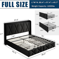 Full Size Bed Frame with 4 Large Storage Drawers, Upholstered Platform Bed with Charging Station, Modern Wingback Storage Headboard, Easy Assembly,Noise-Free, Black
