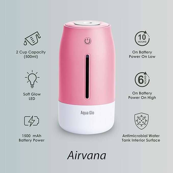 Aqua Glo Personal, Portable Humidifiers for Bedroom – Ultrasonic Cool Mist Humidifier with Built In Rechargeable Battery. Air Humidifier for Baby, Plants, Home, Office, Travel. Rose Quartz