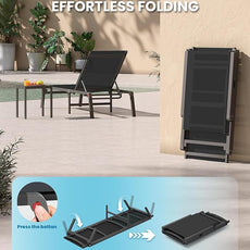 Foldable Pool Lounge Chairs, Aluminum Chaise Lounge Outdoor with 5 Positions Recliner - Free Assembly - Patio Lounge Chair for Poolside, Beach (Black)