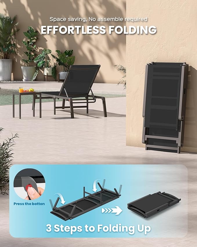 Foldable Pool Lounge Chairs, Aluminum Chaise Lounge Outdoor with 5 Positions Recliner - Free Assembly - Patio Lounge Chair for Poolside, Beach (Black)