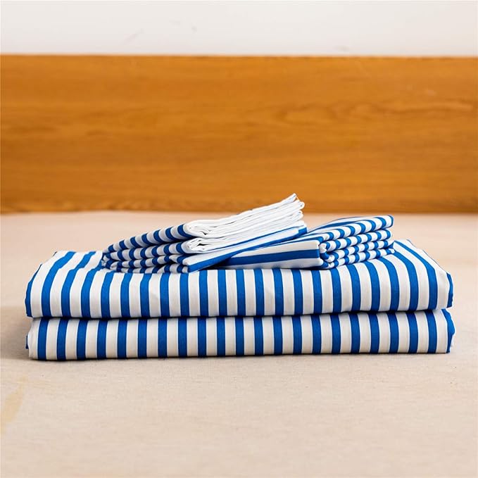 JELLYMONI 100% Natural Cotton 2pcs Striped Duvet Cover Sets,White Duvet Cover with Blue Stripes Pattern Printed Comforter Cover,with Zipper Closure & Corner Ties(Twin Size)