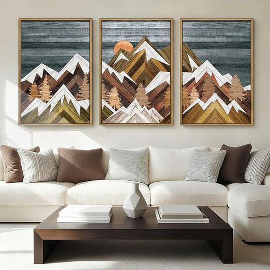 BINCUE Rustic Mountain Canvas Wall Picture Framed Wall Art for Office Living Room Bedroom 16x24 Inches Set of 3