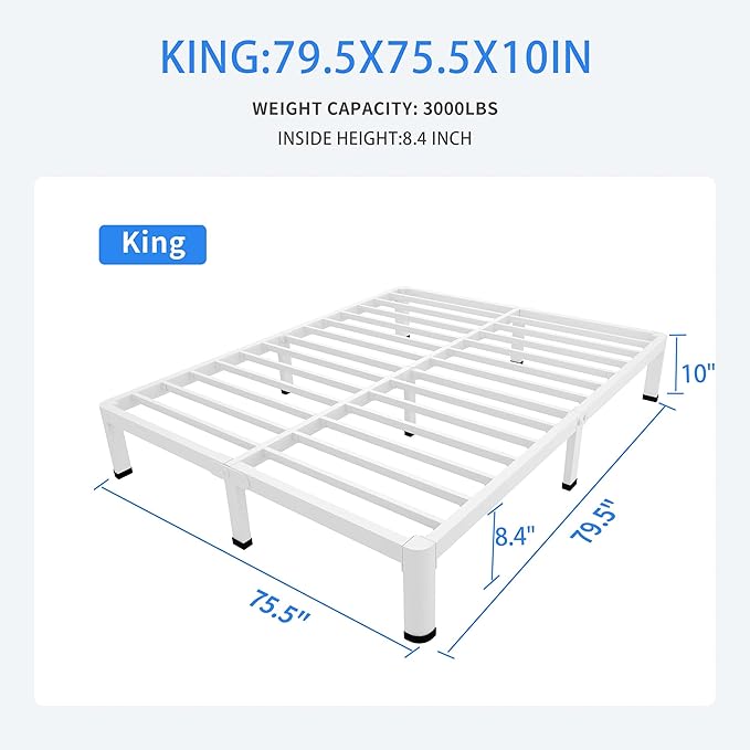 MAF 10 Inch King Size Bed Frame White with Round Corner Legs Mattress Slide Stopper No Box Spring Needed Heavy Duty Metal Platform Bed Frames Under-Bed Storage Space, 3000 LBS Steel Slats Support