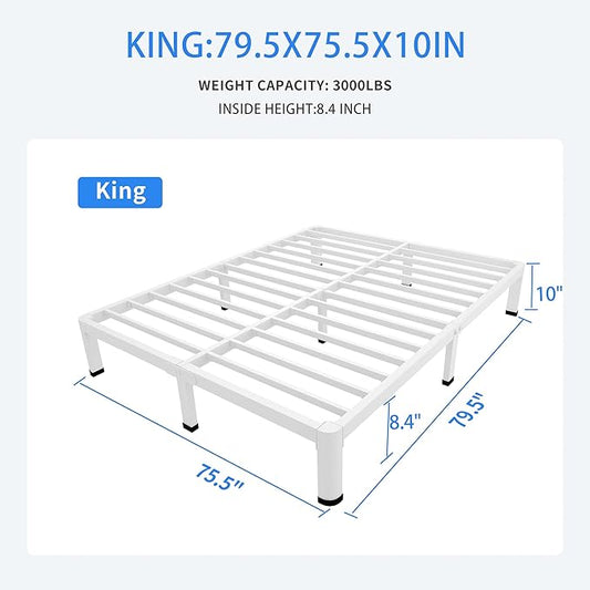 MAF 10 Inch King Size Bed Frame White with Round Corner Legs Mattress Slide Stopper No Box Spring Needed Heavy Duty Metal Platform Bed Frames Under-Bed Storage Space, 3000 LBS Steel Slats Support