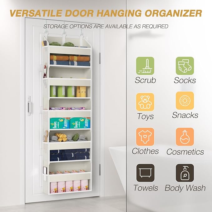 Over the Door Organizer with 5 Front & 10 Mesh Side Pockets, 50LB Capacity Extra Large Hanging Storage Organizer Multi-Room Space-Saving Hanging Shelves with 3 Hook for Closet, Kitchen, Pantry, Beige