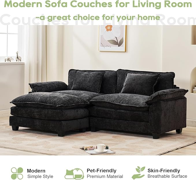 86" Modular Sectional Sofa, Comfy Cloud Couch Sectional Sofa with Ottoman, Chenille Sofa Sleeper Deep Seat Sofa with Throw Pillows for Living Room (Black, 86"- L Shape)