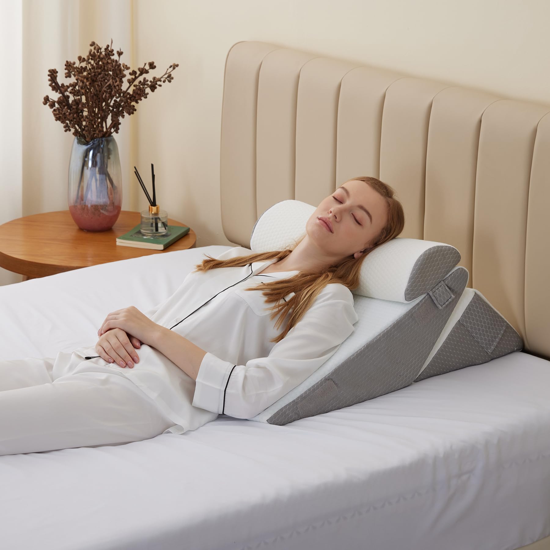 Bedluxe Wedge Pillow Headboard, 3PCS Orthopedic Bed Wedge Pillows Set for After Surgery, Adjustable Pillow Wedge for Acid Reflux&Back Pain Relief, Sleeping, Back Pillow for Bed Sitting Up, White/Grey Dormly