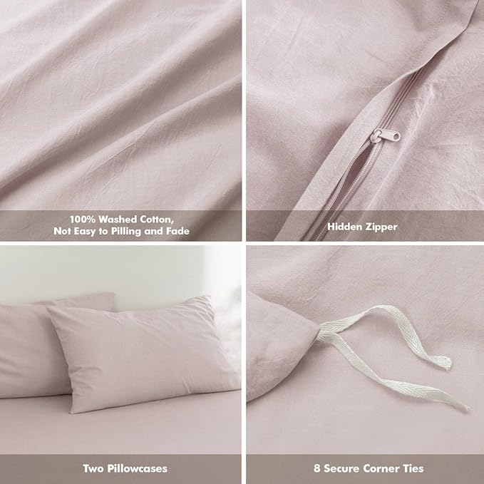 FOSSA Duvet Cover Set 100% Washed Cotton Linen Feel Super Soft Breathable Cozy 3 Pieces Bedding Sets Solid Greyish Pink Super Queen