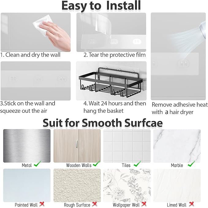 5 Pack Shower Caddy Organizer Rack Shelf for Inside Shower, Self Adhesive Bathroom Wall Storage Basket Rustproof Stainless Steel Large Capacity Shampoo Holder, Dark Grey