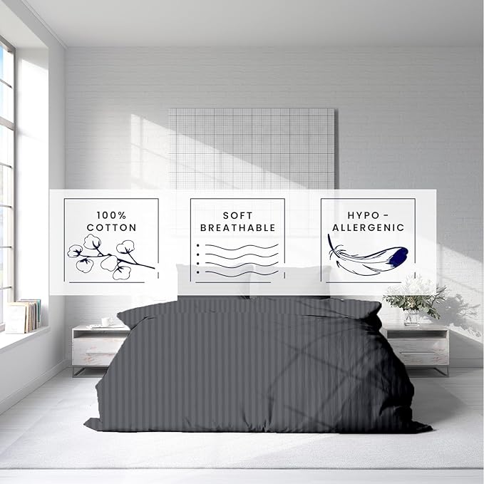 Kotton Culture 3 Pc Twin Size Duvet Cover Set- 100% Egyptian Cotton Sateen 600 TC Ultra Soft Premium Durable Comforter Cover Zipper Closure & Corner Ties (Striped Dark Grey, Twin/Twin XL 68" X 90")
