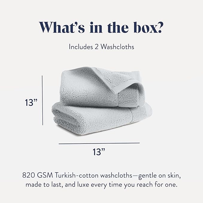 Brooklinen Super-Plush Turkish Cotton Washcloths - Set of 2 - Cotton, 820 GSM, Highly Absorbent, Machine Washable, Perfect for Home & Bathroom (13" x 13", Smoke Grey)