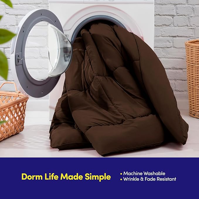 Dorm Room Essentials College Bedding Comforter Set 5 Piece Twin XL Size Bed in a Bag for College Students Boys and Girls, Twin XL, Chocolate Brown