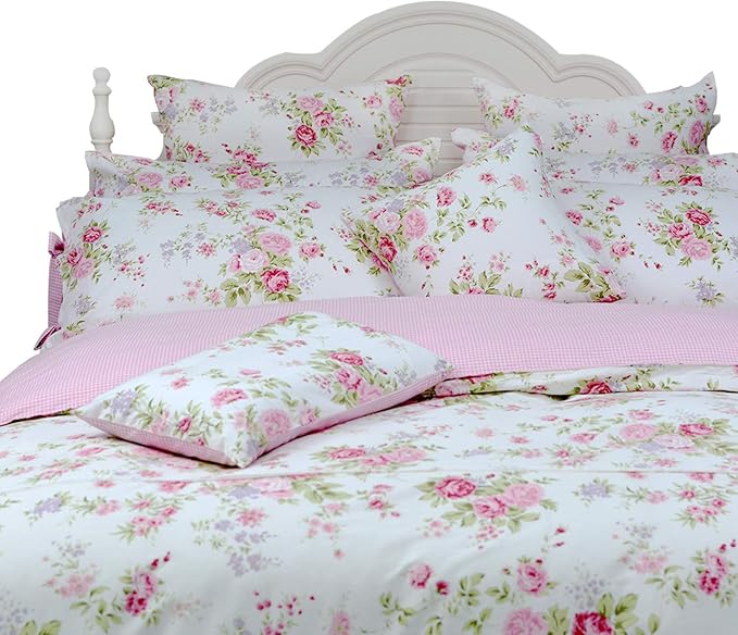 FADFAY Rose Floral Duvet Cover Set Pink Grid Cotton Girls Bedding with Hidden Zipper Closure 3 Pieces, 1duvet Cover & 2pillowcases,Twin XL Size