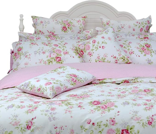 FADFAY Rose Floral Duvet Cover Set Pink Grid Cotton Girls Bedding with Hidden Zipper Closure 3 Pieces, 1duvet Cover & 2pillowcases,King/California King Size