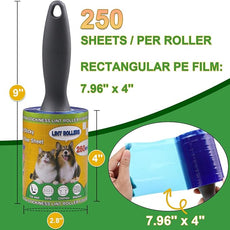 Lint Roller Pet Hair Value Pack of 250 Sheets, Extra Sticky Lint Remover for Dog & Cat Fur, Clothes, Furniture, Couches Reusable Lint Remover for Fuzz, Fluff & Hair (Blue)