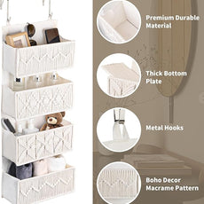 Over the Door Organizer Macrame Boho Nursery Storage with 4 Large Woven Pockets, Hanging Basket for Bathroom, Nursery & Closet Doors, Behind the Door Storage Organizer, Cream White