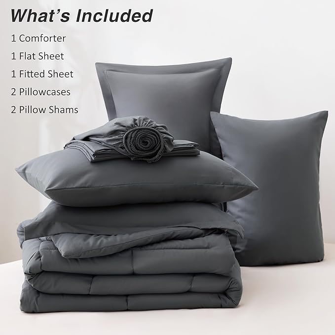 Love's cabin Queen Comforter Set Soot Grey, 7 Pieces Queen Bed in a Bag, All Season Bedding Sets with 1 Comforter, 1 Flat Sheet, 1 Fitted Sheet, 2 Pillowcase and 2 Pillow Sham