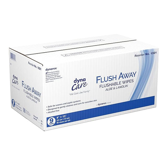 Dynarex 1321 DynaCare Flushable Wipe, For Adults, Alcohol-Free, Safe for Sewers and Septic Systems, 9" x 13", Pack of 540