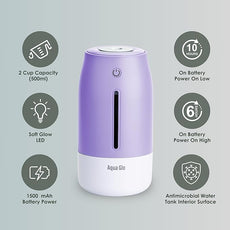 Aqua Glo Personal, Portable Humidifiers for Bedroom – Ultrasonic Cool Mist Humidifier with Built In Rechargeable Battery. Air Humidifier for Baby, Plants, Home, Office, Travel. Lavender