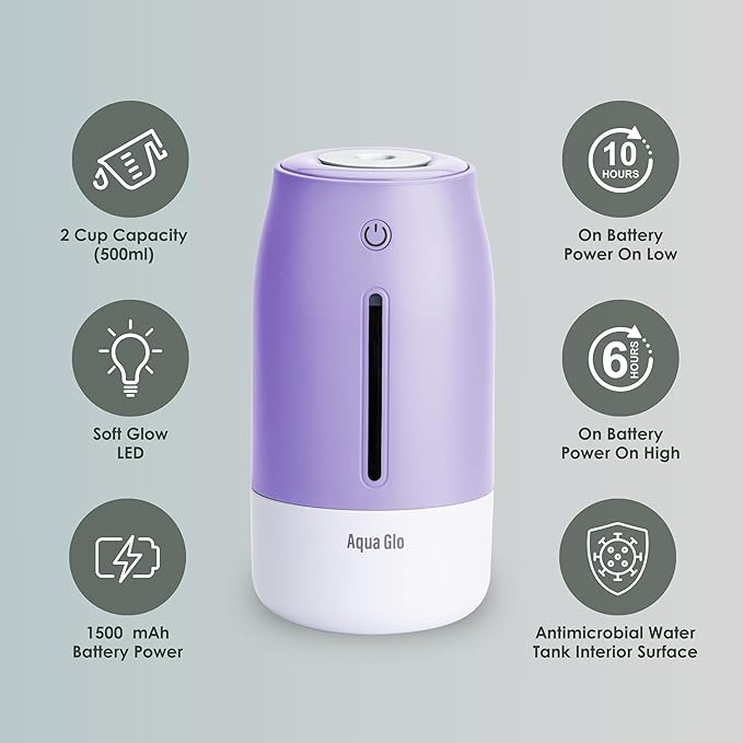 Aqua Glo Personal, Portable Humidifiers for Bedroom – Ultrasonic Cool Mist Humidifier with Built In Rechargeable Battery. Air Humidifier for Baby, Plants, Home, Office, Travel. Lavender