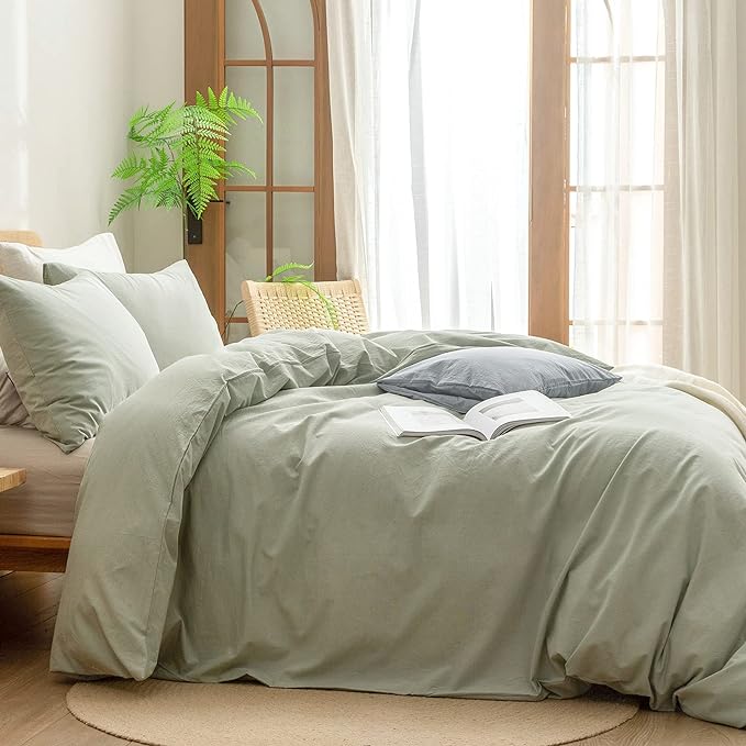 BESTOUCH Duvet Cover Set 100% Washed Cotton Linen Feel Super Soft Comfortable Chic Lightweight 3 PCs Home Bedding Set Solid Sage Green Full/Double