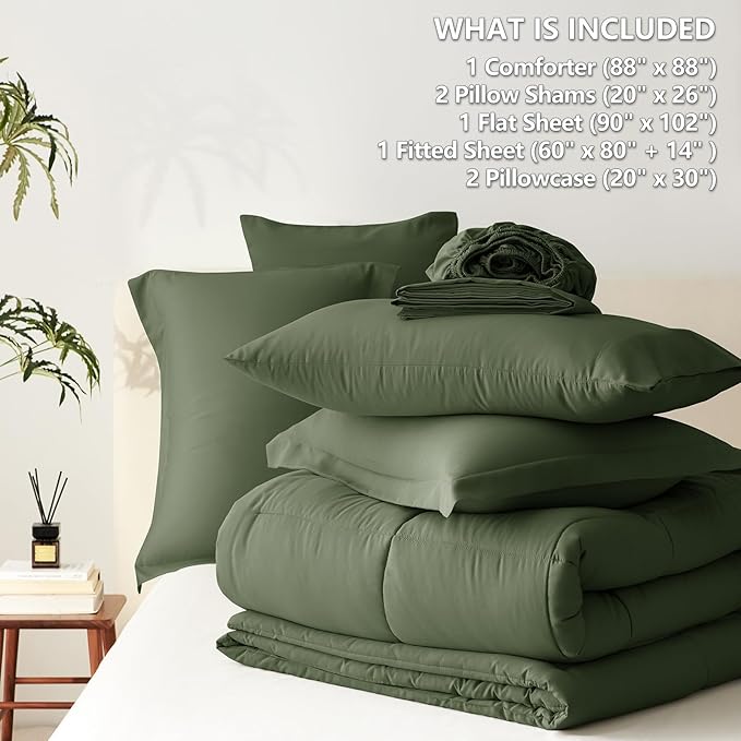 CozyLux Queen Comforter Set Olive Green - 7 Pieces Bed in a Bag Queen, All Season Breathable Bedding Sets,Oeko-Tex Certified Bed Set with Down Alternative Comforter, Sheets, Pillowcases & Pillow shams