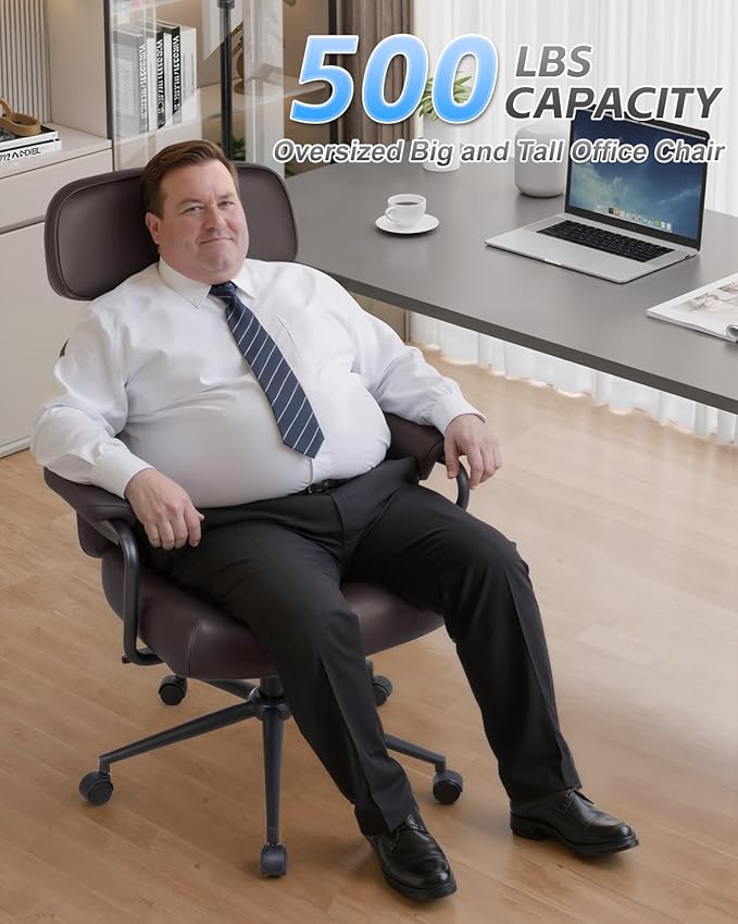 Office Chair Big and Tall 500lbs, Desk Chair Comfy, Oversized Computer Gaming Chair Extra Wide, Executive PU Leather Heavy Duty, High Back Swivel Rocking Chairs with Wheels for Home,Brown