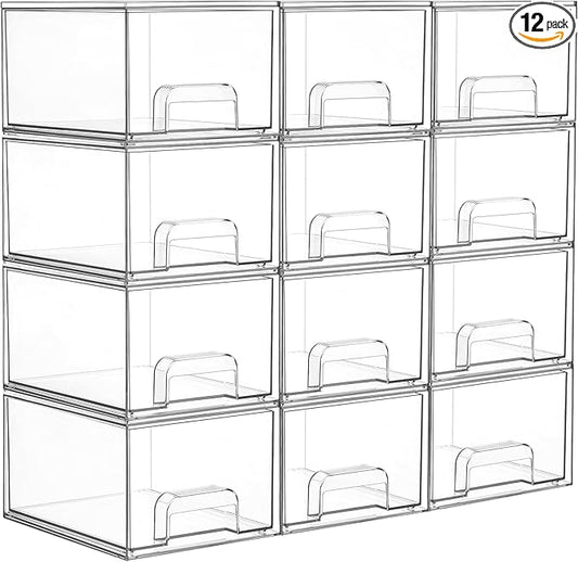 Vtopmart 12 Pack Small Clear Stackable Storage Drawers,Acrylic Bathroom Makeup Organizer,Plastic Storage Bins For Vanity, Undersink, Kitchen Cabinets, Pantry, Home Organization