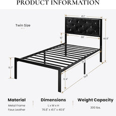 SHA CERLIN Twin Size Metal Platform Bed Frame, PU Leather Upholstered Button Tufted Headboard, Mattress Foundation with 12.4” Under-Bed Storage, Noise-Free, Easy Assembly, No Box Spring Needed, Black