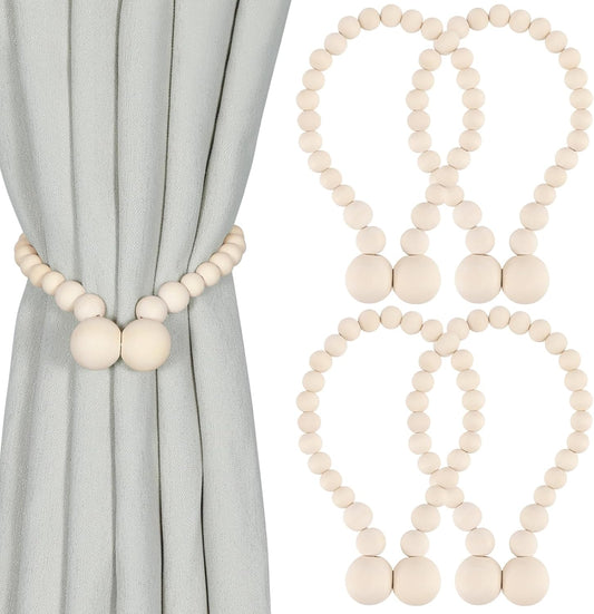 KLOGTSIND Magnetic Curtain Tiebacks, Curtain Tie Backs for Curtains 4 Pack, Wood Bead Curtain Tiebacks, Curtain Holders for Boho Bedroom Decor, Baby Nursery Decor, Farmhouse Decor Dormly