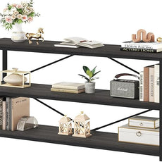 HSH Long Bookcase, Wood Metal Large Low Horizontal Book Shelf for Bedroom, Modern Open 3 Tier Etagere Bookshelf with Storage, Under Window Bookshelves for Home Office Living Room, Dark Gray, 70 Inch