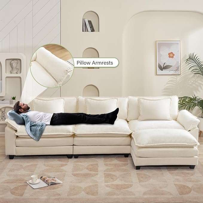 120" Modular Sectional Sofa, Comfy Cloud Couch Sectional Sofa with Ottoman, Chenille Sofa Sleeper Deep Seat Sofa with Throw Pillows for Living Room (Beige White, 120"- L Shape)