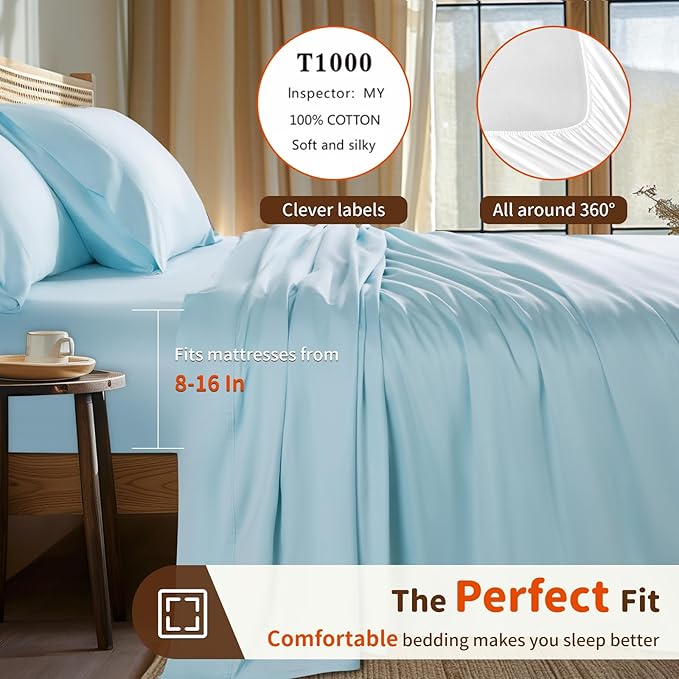 LBRO2M 1000 Thread Count 100% Egyptian Cotton Sheets Set California King Size, 4 Piece Sets Bed Sheet Deep Pocket Sheet Set 16" Soft Comfortable All Season (Clifornia King, Light Blue)