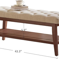 LEILISI Entryway Shoe Bench with Storage, End of Bed Bench, Linen Upholstered Button-Tufted Seat Bench with Solid Wood Frame for Living Room, Bedroom (Beige, 43.3'')