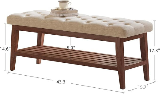 LEILISI Entryway Shoe Bench with Storage, End of Bed Bench, Linen Upholstered Button-Tufted Seat Bench with Solid Wood Frame for Living Room, Bedroom (Beige, 43.3'')