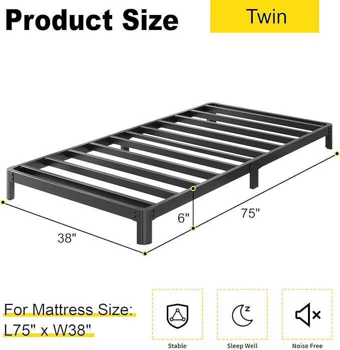 6 Inch Low Twin Bed Frames No Box Spring Needed, Heavy Duty Metal Twin Size Platform Bed Frame with Rounded Corner Legs, Easy Assembly, Noise Free, Black