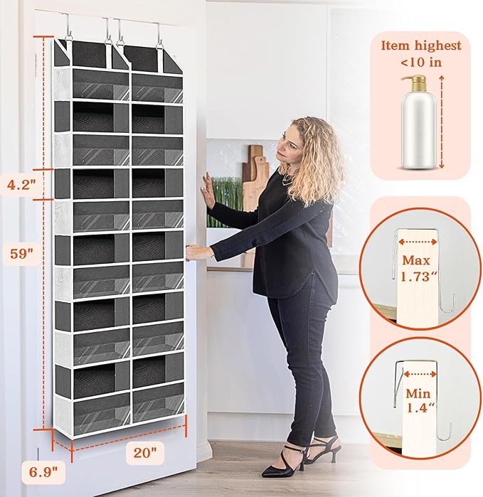 2 Pack Over The Door Organizer 6 Tiers, Extra Large Behind Door Storage of 12 Compartments, 80 lbs Weight Capacity Hanging Storage Organizer with Clear Window Kids Toys,Shoes (6 Tiers - Grey)