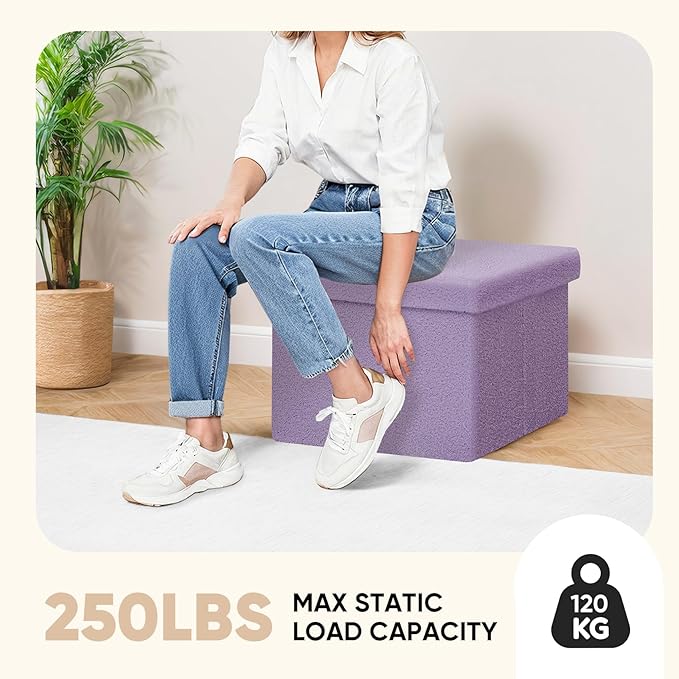 PINPLUS Storage Ottoman Cube Ottoman Foot Rest,Small Foldable Portable Boucle Upholstered Sherpa Ottomans, Faux Teddy Fur, Purple 16.5"x12.6"x12.6"