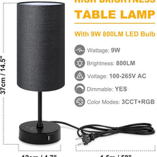 Unicozin Table Lamp for Bedroom, 3 Color Temperatures, 7 RGB Colors, Adjustable Brightness, Dual USB Charging Ports, Ambience Nightstand Light with Black Shade, Desk Lamp for Kids Reading Home Office