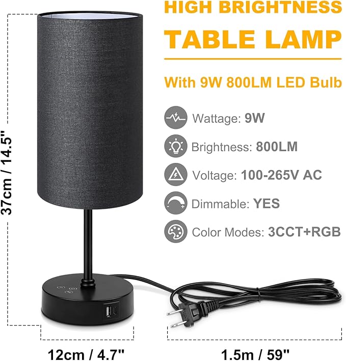 Unicozin Table Lamp for Bedroom, 3 Color Temperatures, 7 RGB Colors, Adjustable Brightness, Dual USB Charging Ports, Ambience Nightstand Light with Black Shade, Desk Lamp for Kids Reading Home Office