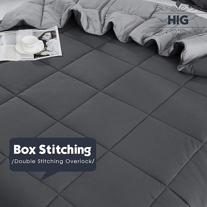 HIG 3pc Gray Twin/Twin XL Comforter Set - All Season Reversible Down Alternative Comforter with Two Sham - Quilted Duvet Insert with Corner Tabs - Box Stitched Blanket - Breathable, Soft