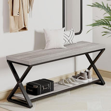IBF Industrial Wood Entryway Bench, Indoor Farmhouse Hallway Accent Entry Bench for Seating Sitting with Storage, Metal Shoe Rack Grey Bench Organizer in Foyer Bedroom, Light Grey Oak, 47 Inch Long