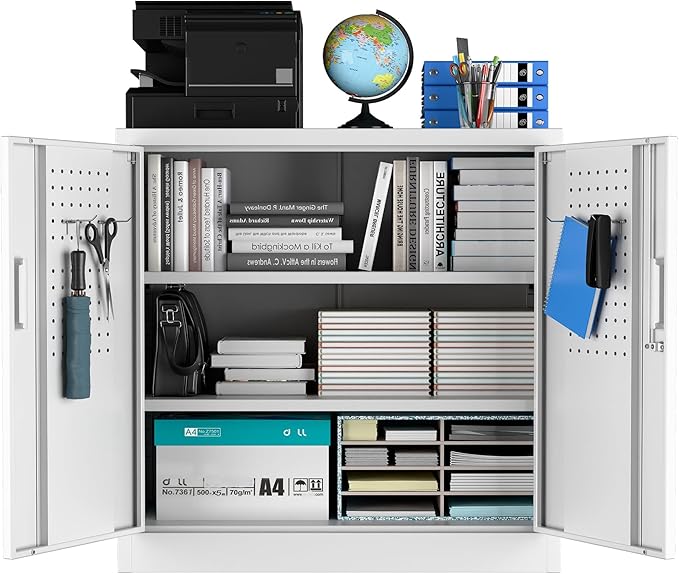 SUXXAN Metal Storage Cabinet with Pegboard 31.5'' x 31.5'' x 16.5'',Lockable Rolling Steel Storage Cabinet with 5 Adjustable Shelves and Door for Garage, Office, Kitchen, Assembly Required(White)