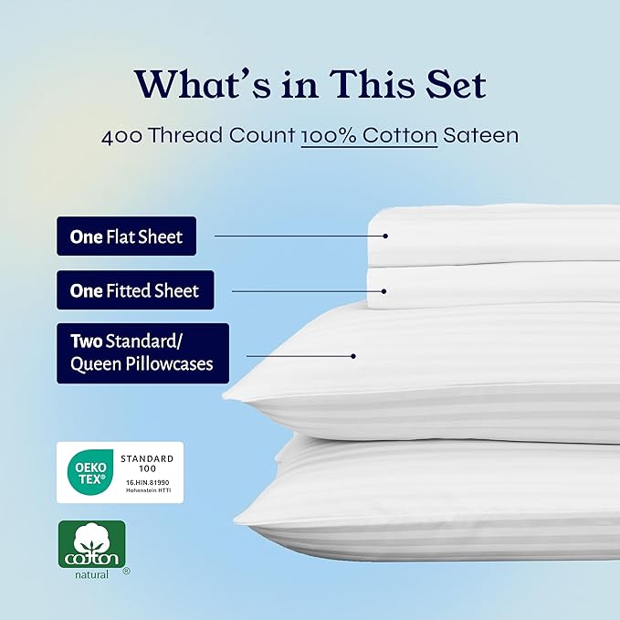 California Design Den Striped Queen Sheet Set - Soft 400 Thread Count Sateen, Natural 100% Cotton Sheets with Deep Pockets, and Durable Bedding Set - Striped White CaliforniaDesignDen