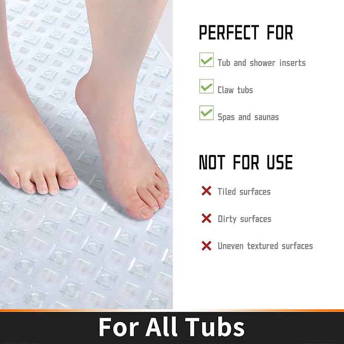 Yimobra Bathtub Mat Non Slip, Super Strong Suction Cups, 27.5"x15.5" Long Shower Mat with Drain Holes, Machine Washable Fast Draining Bath Mats, Bathroom Essentials,Clear