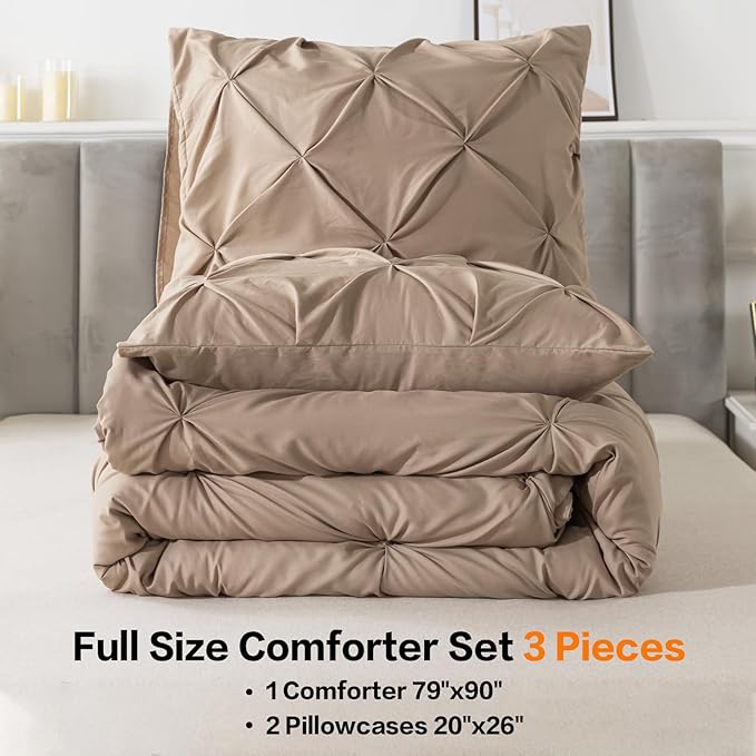 Andency Taupe Comforter Set Full, 3 Pieces Pinch Pleat Bedding Comforters & Sets, Soft Lightweight All Season Bed Set for Kids, Adults(79x90Inch)