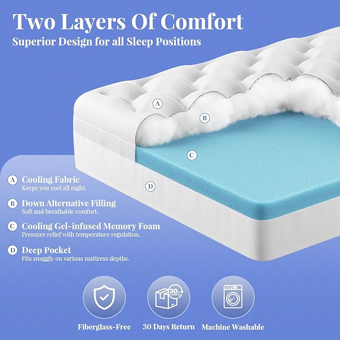 OhGeni Cooling 4 Inch Twin Size Dual Layer Mattress Topper, 2 Inch Gel Memory Foam, 2 Inch Soft Pillow Top Pad, Washable Bedroom Cover for Kids Mattresses, Extra Comfortable Sleep and Back Pain Relief