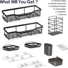Shower Caddy Adhesive Shower Organizer 7-Pack, Rustproof Stainless Steel Bathroom Shelves, Large Capacity No-Drill Rack Storage Accessories with Soap Dish Toothbrush Holder &24 Hooks Home Decor