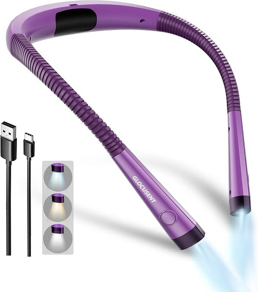 Glocusent Book Light, 3-Color & 6-Brightness Reading Light, Bendable Neck Light, 80-hr Lasting Rechargeable Book Light, Perfect Reading Lights for Books in Bed, Knitting, Repairing, Book Lovers Gifts