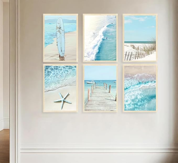 6Pcs Blue Seascape Beach Wall Art Summer Tropical Ocean Coastal Canvas Wall Decor Starfish Bridge Boat Surfboard Painting Prints Surfers Pictures Trendy College Preppy Dorm Posters Unframed